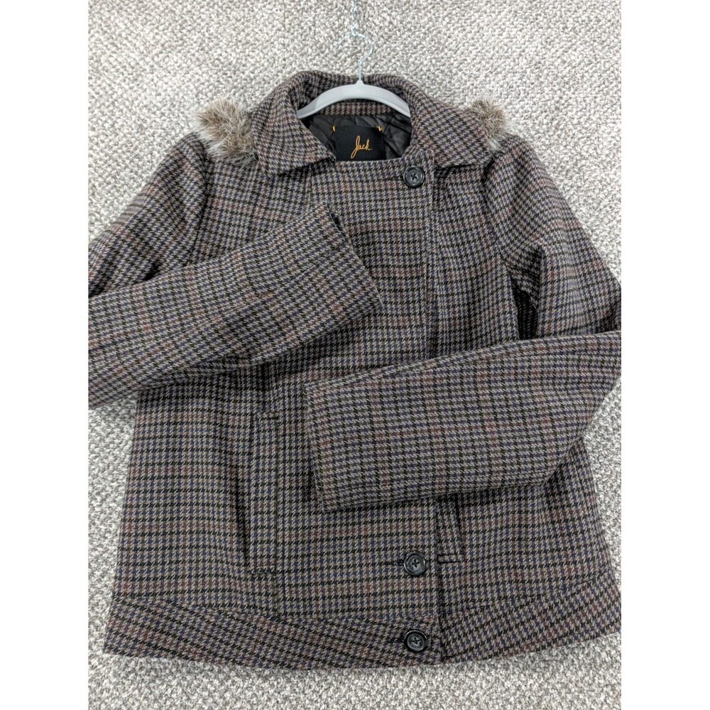 Jack by BB Dakota Plaid Wool Blend Jacket Brown Blue Faux Fur Hood Large Classy